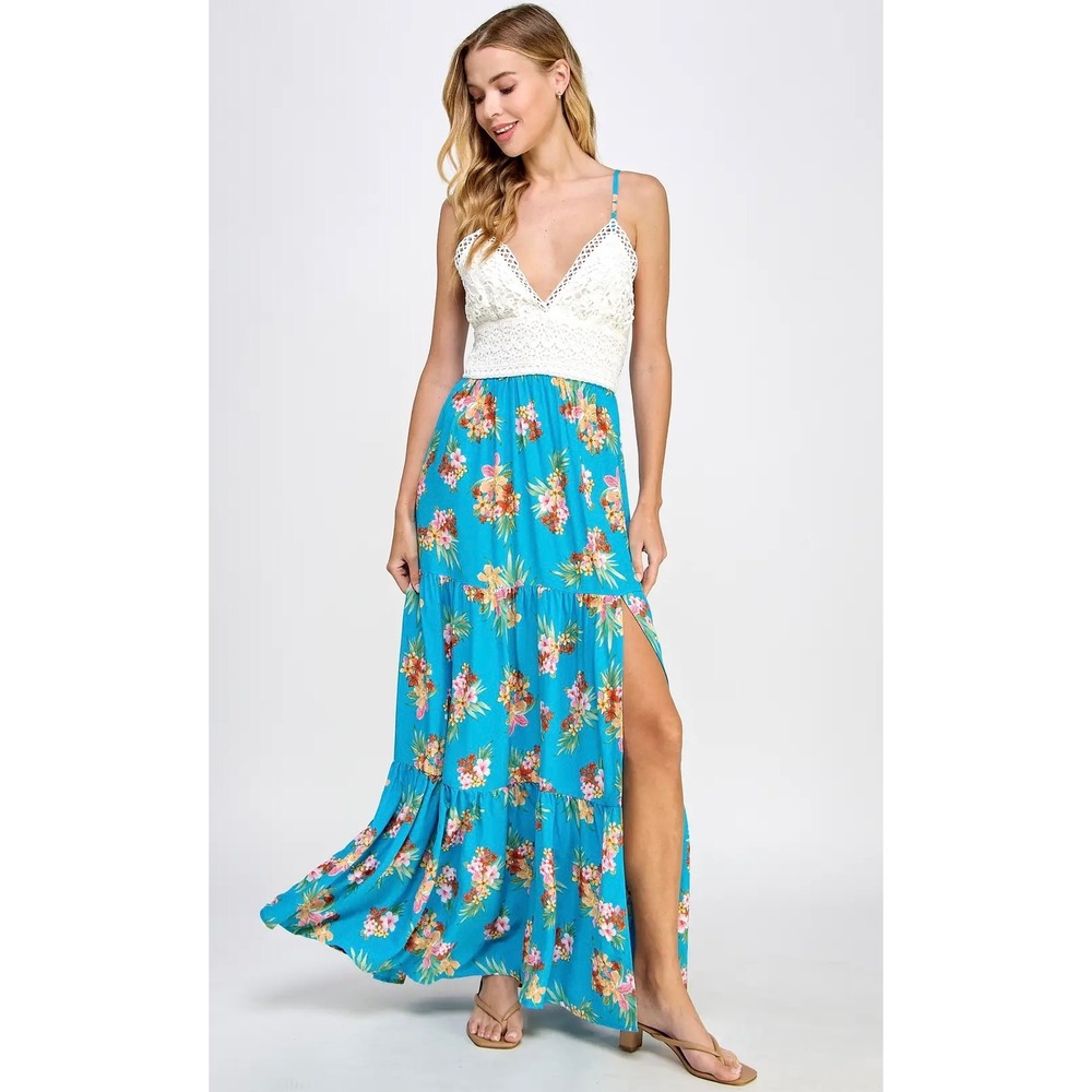 (A8) Love & Piece Women Blue Tropical Floral Crochet Lace Tiered Maxi Dress M